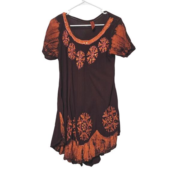 Sunflower Mini Dress Rayon Crinkle Sequins Embroidered Boho Hippie Womens Sz OS - Picture 1 of 7